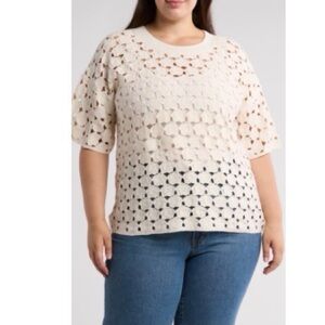 bobeau Cream Crochet Short Sleeve Pullover